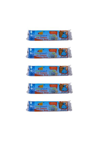 Niceplast Mavi Orta Boy 55x60 Cm. 30 Litre Çöp Torbası Poşeti - 20 Adetlik 5 Rulo