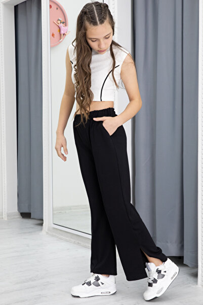 Cansın Mini Siyah Geniş Paça Yırtmaçlı Kız Çocuk Pantolon 20283