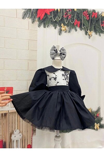 Nissa Siyah Beyaz Desenli Kız Çocuk Elbisesi