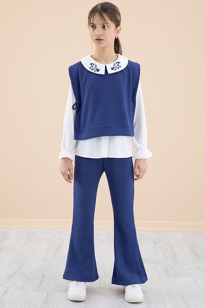 Cansın Mini Navy Blue Embroidered Collar Shirt and Sweater Girl's 3-Piece Set 20269