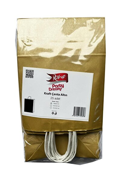 Roll-Up Büküm Saplı Kraft Kağıt Karton Hediyelik Çanta Poşet Torba -Altın Sarı -25x31 Cm.-25 Adetlik 4 Paket