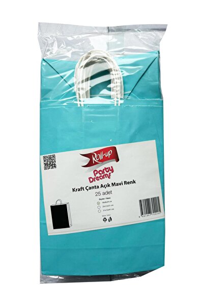 Roll-Up Büküm Saplı Kraft Kağıt Çanta Karton Hediyelik Poşet Torba - Açık Mavi -18x24 Cm. - 25 Adetlik Paket