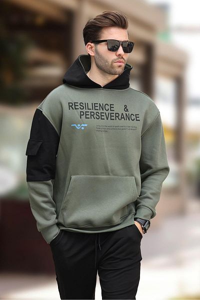 Madmext Sweatshirt für Herren 7058 - Khaki mit Kapuze und Tasche, detaillierter Aufdruck