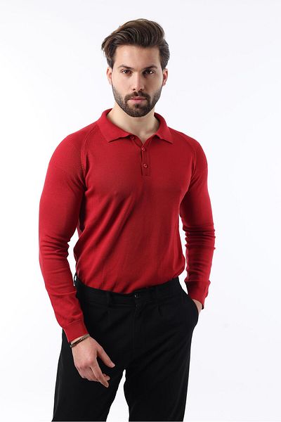Madmext Red Polo Neck Textured Long Sleeve Sweater E7264