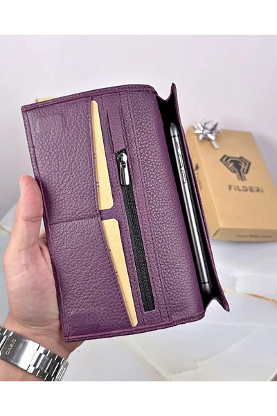 Fil Deri With Phone Compartment - Genuine Leather - Magnetic - Multi-Compartment - Wallet and Card Holder Tumbled Leather 2047