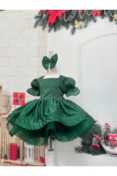 Nissa Yeşil Parıltılı Kare Yakalı Kız Çocuk Elbisesi
