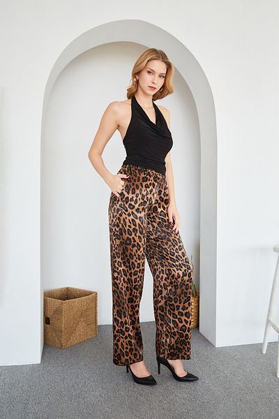 Fulla Moda Сатенени панталони с леопардови шарки и еластична талия
