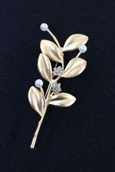 KEEBA Bereketin Altın Dokunuşu Zeytin Dalı broş, Gold dallı incili çiçek taşl...