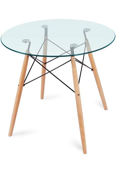 Mahmayi HYT12 110DIA Glass Round Table with Wooden Legs Coffee Table Eiffel Support 110CM (White)
