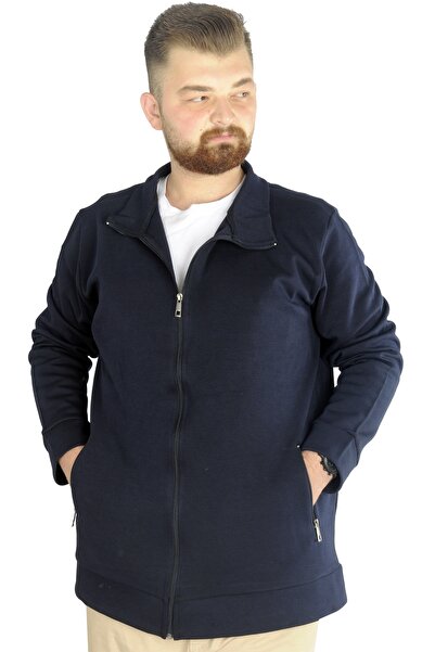 ModeXL Men's Large Size Zippered Cardigan - Stell Navy Blue 20571