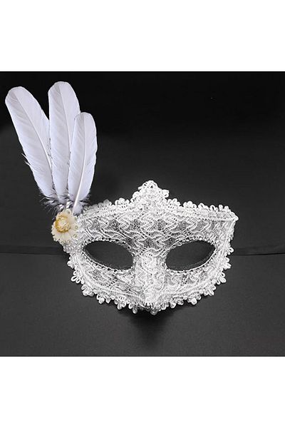 nuit dose White Color Feather Lace B Party Mask with Stones on Eyes