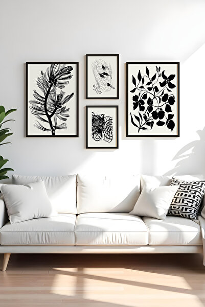 huhuli Ahşap Siyah Çerçeveli 4 Parça Set Tablo huhu446