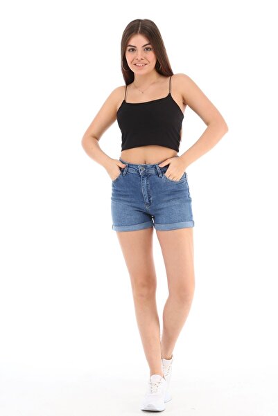 CEDY DENIM Kadın Yüksek Bel Duble Paça Kot Şort Klasik Mini Jean Şort C604
