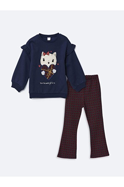 LC Waikiki Lcw Kids Navy Blue Embroidered Girls' Sweatshirt and Leggings 2-Piece