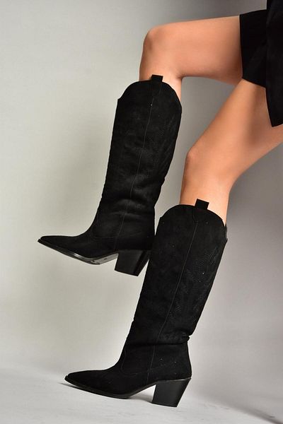 Fox Shoes Τ 267765202   Μαύρα Suede Cowboy Model Γυναικείες Μπότες