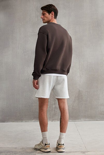 GRIMELANGE Ernest Erkek Organik Pamuklu Yumuşacık Baskı Detaylı Bisiklet Yaka İçi Polarlı Kahverengi Sweatshirt