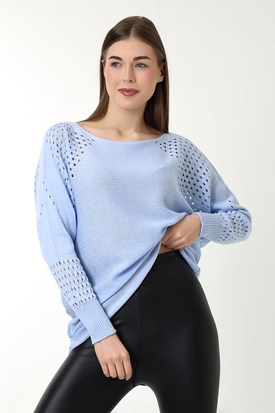 Devinka Pulover de damă, albastru baby oversize, ajurat, tricotaj casual