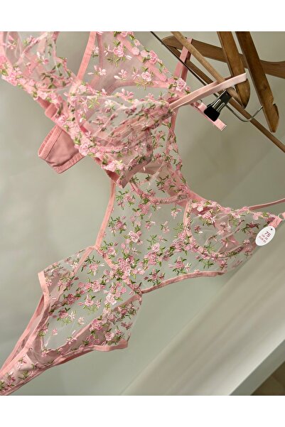 Pembe Çiçekli Brode Bodysuit