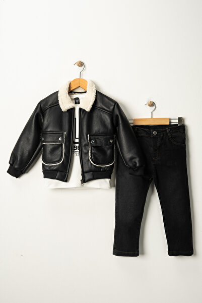 Zaziko Kids Erkek Çocuk Deri Ceketli Kot Pantolonlu Penyeli Üçlü Takım TKM.YY01