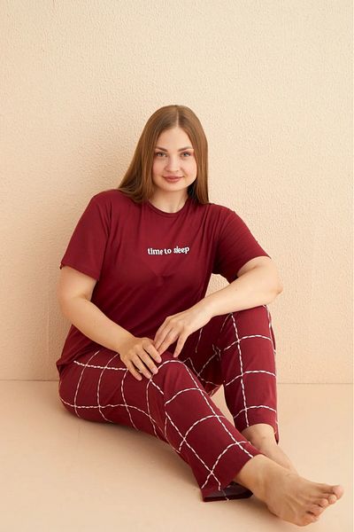 Elit Claret Red Milan Battal Short Sleeve Lycra Pajama Set - Plus Size /30