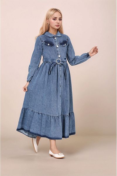 Asortik Kids Rochie lungă din denim pentru fete - Bumbac, design confortabil și la modă, potrivit pentru musulman