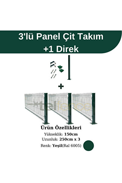 Telfence 3 'lü Panel Çit Takım 1 Direk Avantaj Paketi 150cm Yeşil Renk (7,5 M...