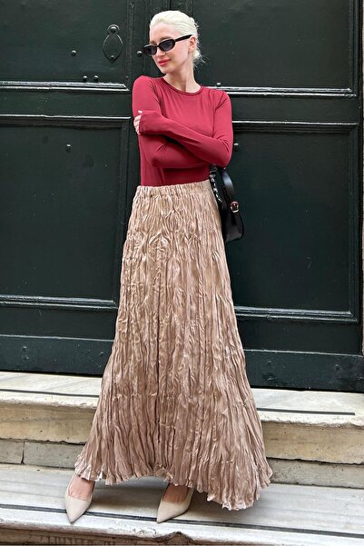 Madmext Parlak Camel Kırışık Desen Kadın Etek MG2290