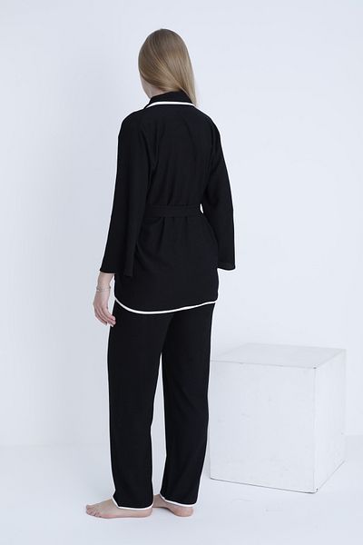 Miss Dünya Lissa Maternity and Maternity Adjustable Waist Ribbed Belted Woven Pajamas Set