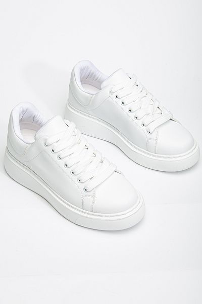 DENORA Pantofi sport casual cu șireturi, piele albă mată, talpă groasă