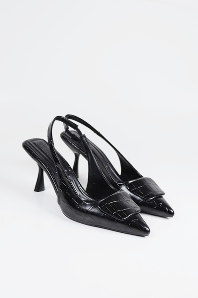 NiceDiffer حذاء نسائي أسود من جلد التمساح بمقدمة مدببة وكعب رفيع