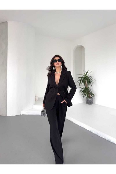MYGİYİMİSTANBUL Belt Detail Blazer Jacket Loose Pantalon Suit-Women's Suit