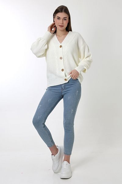 Devinka Women's White Hair Braided Balloon Sleeve Casual Knitwear Cardigan