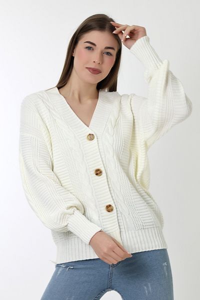 Devinka Women's White Hair Braided Balloon Sleeve Casual Knitwear Cardigan