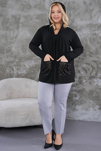 Siyezen Plus Size Sequin Leather Detailed Cardigan