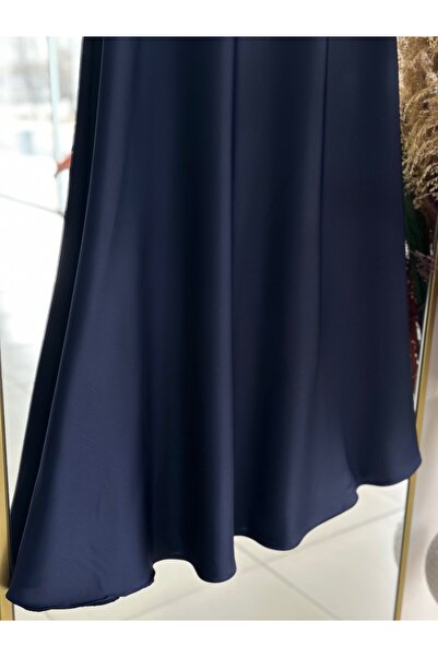 Ebrar Store Μπλε Navy Satin Gözde Φούστα - BN8461