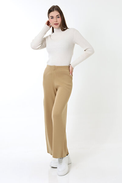 Devinka Kadın Açık Kahve Beli Lastikli Triko Pantolon