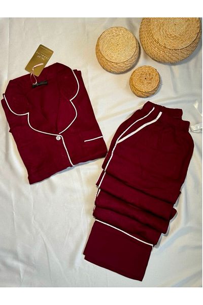Pijamacım Burgundy Cotton Woven Pajama Suit