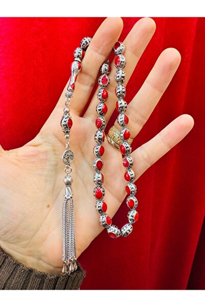 Tesbihas Atölyesi Red Silver Plated Enamel Embroidered Metal Rosary