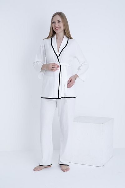 Miss Dünya Lissa Maternity and Maternity Adjustable Waist Ribbed Belted Woven Pajamas Set