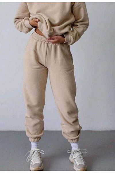 FUNSTYLE Winter Beige Color Raised Rubber Leg Women's Sweatpants