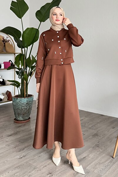 InStyle Brązowy garnitur ze spódnicą typu stoned scuba