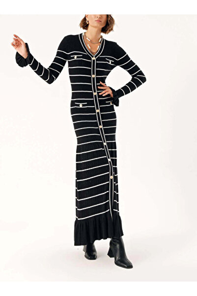 SOCIETA Siyah Beyaz Çıt çıt detaylı uzun dar elbise 28851