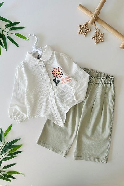 Minigimin Cicileri Daisy Printed My Mini's Flowers - Girls' 2-Piece Set of Loose Trousers with Tie-Details - White