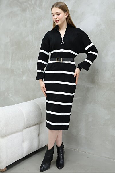 VEGENZE Women's Black Ecru Striped Zippered Half Fisherman Long Knitwear Dress