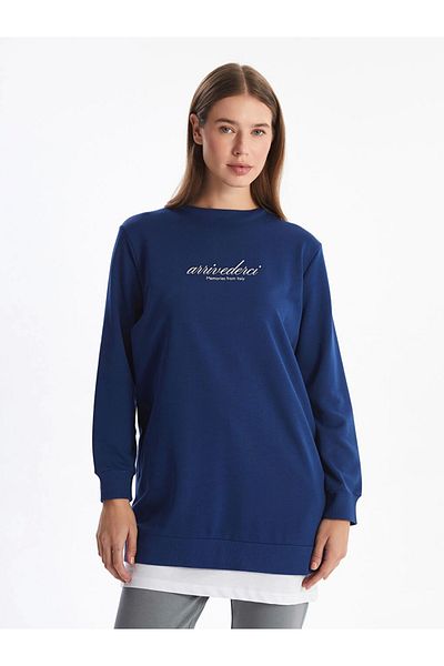 LC Waikiki Lcw Modest Navy Blue Crew Neck Printed Women's Sweatshirt Tunic