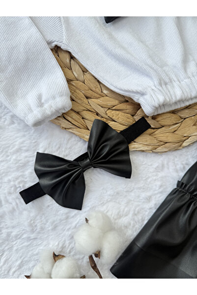 AKİF GİYİM Kız Çocuk & Bebek Takımı Deri Etek Fiyonklu Badi Bandana Takımı