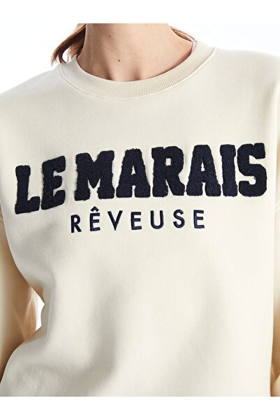 LC Waikiki Xside Beige Crew Neck Κεντημένο Oversize Γυναικείο Χοντρό Φούτερ