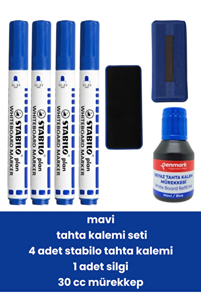Stabilo mavi tahta kalemi seti  4 adet stabilo tahta kalemi 1 adet silgi 30 cc mürekkep