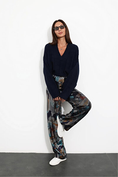 Qaju Women's Elastic Waist Full Lycra Shiny Trousers - Silver & Turquoise