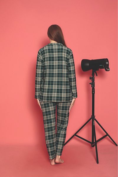 CALİA Plaid Front Button Women's Pajamas Set Suede Fabric